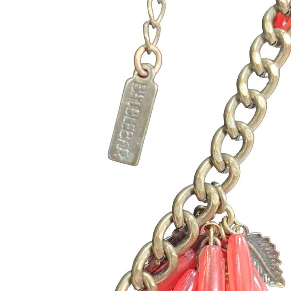 BabelBar Pink Coral Bead Cluster Tassel Necklace Gold Tone Chain Leaf 28"+3" - Picture 3 of 6